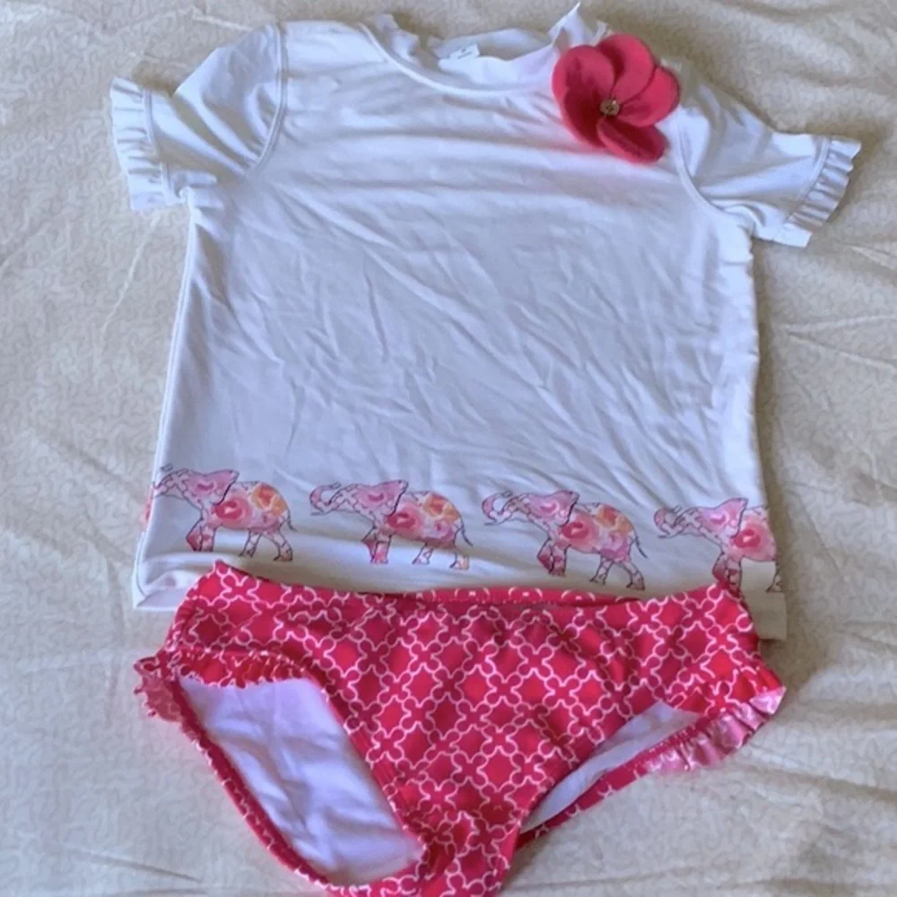 Janie and Jack White Rashguard Set with Pink Elephant Trim in size 10